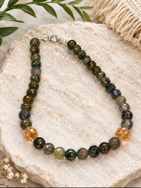 Banded Agate Beaded Necklace Boho Gemstone Amber Accent Handmade Jewelry